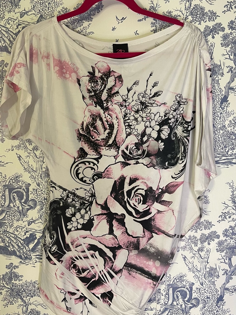 Bebe Floral Graphic Off-Shoulder Blouse